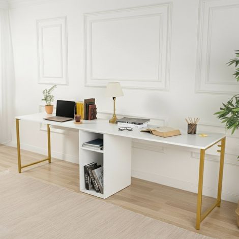 Dmora - Escritorio Violet, Escritorio multiusos, Mesa de oficina para PC, El plan de trabajo, 240x60 h74 cm, Blanco y Oro (1/5)