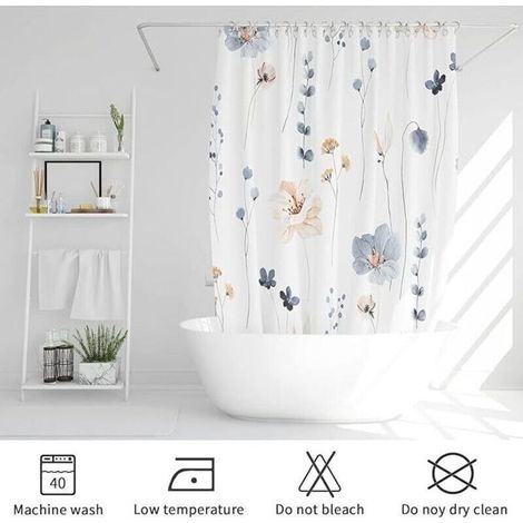 Duschvorhang mit Aquarell-Blumenmuster, minimalistischer Badezimmervorhang mit Blumenprint, maschinenwaschbar, modernes Frühlings-Duschvorhang-Set aus wasserdichtem Stoff mit Haken, 183 x 183 cm, Blau (1/4)