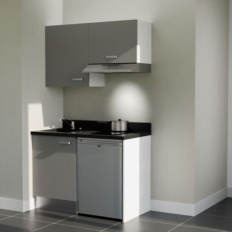 Kitchenette K01L - 120 cm - plan monobloc évier intégré Nero- évier à gauche - Façades Gris + Electroménager inclus coloris Inox
