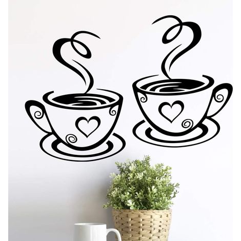BRAVIX Lot de 2 tasses de stickers muraux pour cuisine en vinyle avec citation d'amour pour pub déco café thé décoration amovible mural autocollant mural noir tasse décoration de la maison magasin(A)