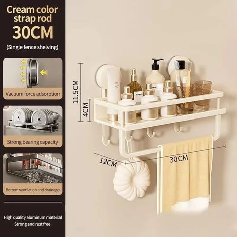 Barre de 30 cm de crème XP (sans perçage) - Support mural de salle de bain à ventouses - Étagère de salle de bain en aluminium - Organisateur mural (1/5)