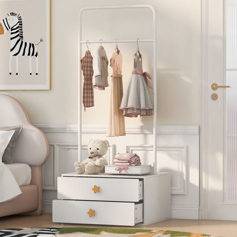 Portant à vêtements enfant 70x55x168 cm en MDF et métal blanc avec 2 tiroirs pour chambre – MEUBLIV (1/5)