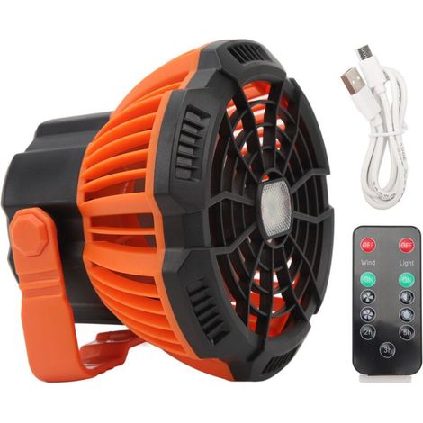Ventilateur de tente extérieur portable, rechargeable USB, avec lumière LED et télécommande, idéal pour randonnée, camping, pêche et voyages. (1/5)