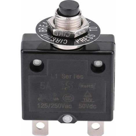 Disyuntor de 20 A con interruptor térmico de reinicio opcional, 125-250 V CA, 50 V CC, protección contra sobrecargas, interruptor de botón pulsador, de DEBUNS