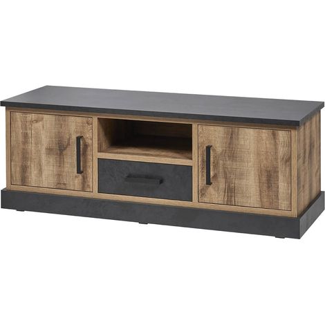JENNA - Meuble TV 2 Portes Aspect Bois et Métal Poudré Noir (1/5)