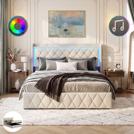 Letto contenitore - NEXU - Velluto beige - Testata LED con USB - Rete a doghe 140x190 con spazio di archiviazione (1/5)