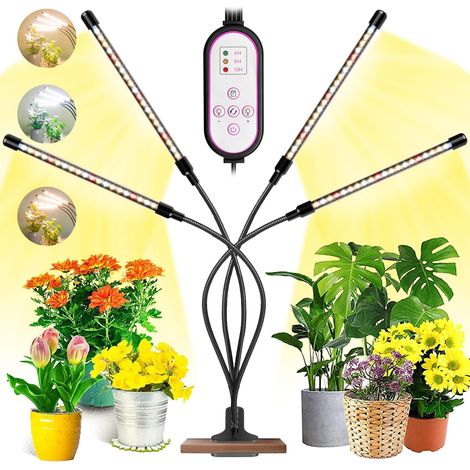 Grow lights for indoor plants, 80 full-spectrum LEDs, 10 dimming levels and 4 grow lights with a timer, red/white