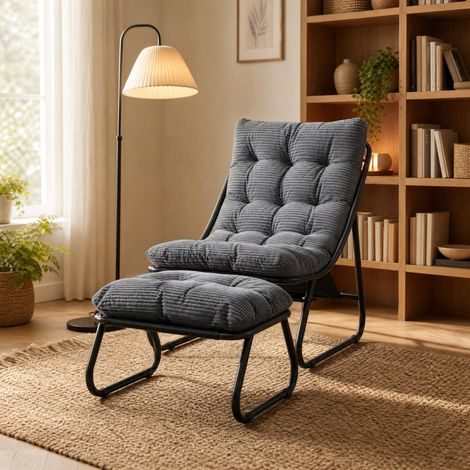 Sillón de exterior con ottoman, cojín gris, estructura de acero negro HAVRYA (1/5)