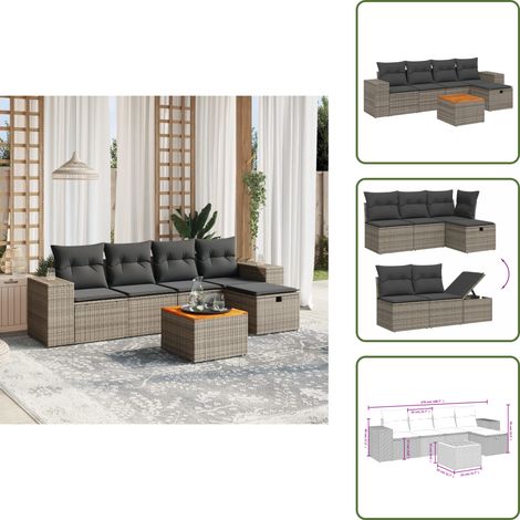 6-tlg. Garten-Sofagarnitur mit Kissen Grau Poly Rattan - Gartenmöbel - Outdoor-Lounge - Rattan Lounge Set - Esstischset - Balkonmöbel