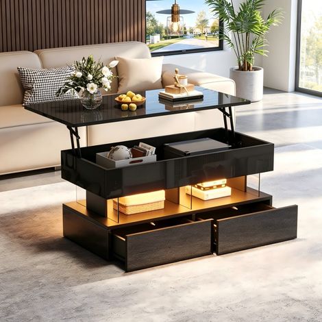 Table basse relevable noire 100×50×46 cm en MDF acrylique laqué brillant, plateau modulable, éclairage LED, 2 tiroirs et rangement caché (1/5)
