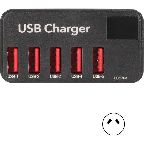 Station de charge USB 48W 5 ports avec adaptateur secteur 100-240V, chargeur USB de bureau pour téléphone, tablette et ordinateur portable, hub de charge multiprise prise AU. (1/5)