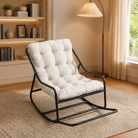 Poltrona a dondolo con cuscino spesso, struttura in acciaio, bianco/nero HAVRYA (1/5)