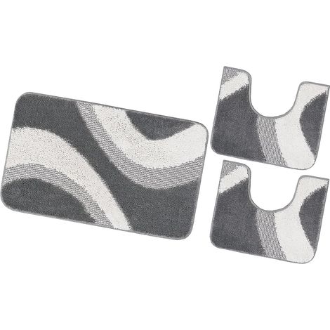 Tapis de bain Parure Set 3 Pièces Antidérapant Shaggy 3D Moderne Absorbant Lavable - Gris