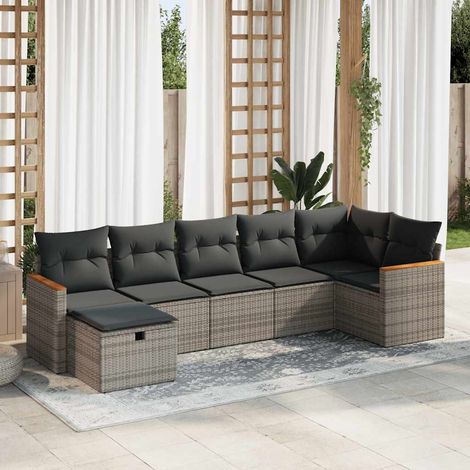 Set de sofás de jardín 7 pzas con cojines ratán sintético gris vidaXL (1/5)