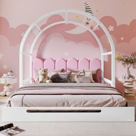 Lit à toit voûté extensible, lit coulissant, lit d'enfant, lit de jour, lit double, coussins en velours, structure en bois de pin, blanc + rose et, lit cabane, 140x100cm, 140x200cm (1/5)