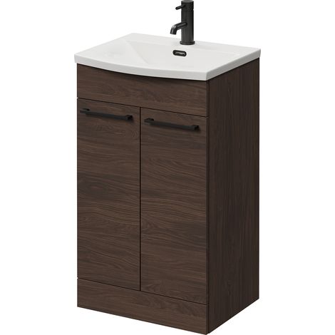 Napoli 390 Brown Oak 500mm 2 Door Vanity Unit with Arc Basin - 500mm - Matt Black 160mm Handle