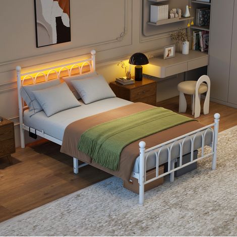 Bett Bettgestell Stauraum 120x200 Metall Weiß OKMYHOME (1/5)