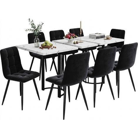 ELVMI Conjunto de Mesa y Sillas con 1 Mesa Extensible y 8 Sillas, MDF, Metal y Terciopelo, Negro (1/5)