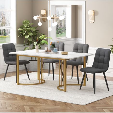 CHICFURN Conjunto mesa 140x80 cm MDF blanco efecto mármol, 4 sillas grises, patas doradas (1/5)