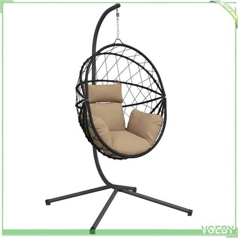 Chaise suspendue en forme d'œuf - FAFEICY - 4007403 - Support acier - Rotin et corde - Coussin taupe amovible (1/5)