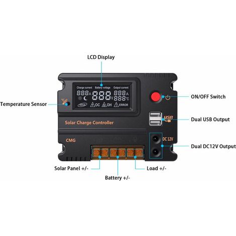 Contrôleur de Charge Solaire LCD 10A 12V 24V - Régulateur de Batterie avec Protection Contre les Surcharges et Compensation de Température (Modèle CMG-2410 10A) (1/5)