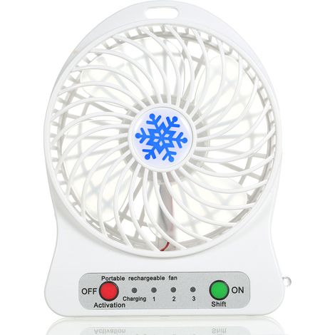 Ventilador de escritorio portátil recargable con luz LED, mini ventilador de escritorio, carga USB, enfriador de aire, 3 modos de velocidad, iluminación LED, función de enfriamiento (blanco)