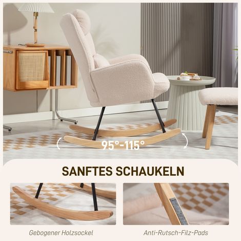 Fauteuil à bascule beige avec repose-pieds, housse en polaire confortable, piètement bois, coussin moelleux, dossier surélevé, ensemble relaxant (1/5)