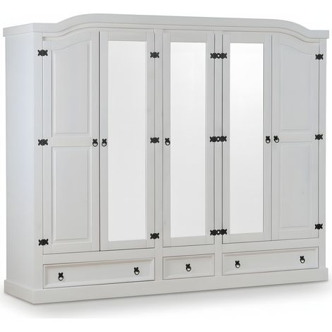New Mexico Armoire 5 portes avec 3 portes miroirs, 2 portes lambrissées et 3 tiroirs en blanc ciré.