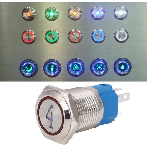 Lot de 2 interrupteurs à bouton-poussoir métalliques à 5 broches, tête plate de 16 mm, réarmement automatique avec voyant lumineux, 4220 V CA, rouge. (1/5)