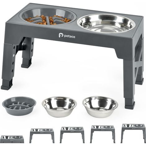 1 - Gamelle Chien Surélevée - Support Réglable - 5 Hauteurs Ajustables - Bol Anti-Glouton et Inox - Pour Chien Moyen et Grand - Gris - 40x25x55cm (1/5)