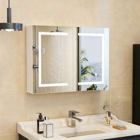 Armoire à Miroir Mural 80x60x13.5 cm avec LED réglable et fonction de mémorisation,Salle de Bains Armoire avec Miroir,Placard avec Miroir avec 2 portes,Grand Meuble de Rangement avec Étagère Réglable