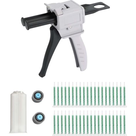 Pistolet à colle époxy AB, 1:1 Pistolet a Colle 50ML, Pistolet à Colle Set, 50ml Pistolet Distributeur Époxy, Blanc cassé, seringue de mélange 83 mm 50 pièces, 50 ml-1:1, légère, flexible, durable (1/5)