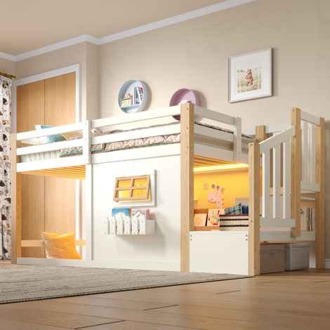Lit mezzanine 90x200 cm Lit cabane enfant en pin, escalier de rangement, fenêtre, LED, blanc+naturel (1/5)
