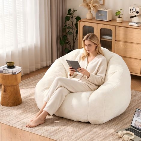 Canapé-Pouf en fausse fourrure douce – Sans montage – Adapté coin lecture salon chambre – Grand modèle pour adultes – Design classique – 123×111×75 cm – Beige (1/5)