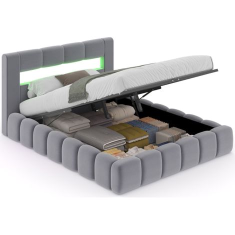 Letto Cloud con cassettiera LED 160x200cm in velluto grigio con testiera e rete OMAHA