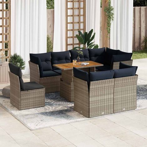 Ensemble salon jardin en résine tressée gris avec 9 éléments et coussins marins (1/5)