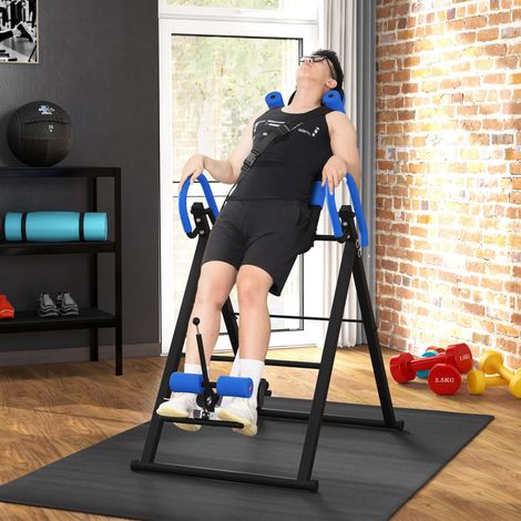 Table d'inversion de musculation pliable ceinture de sécurité réglable angle ajustable 3 niveaux 79x114x153cm bleu noir