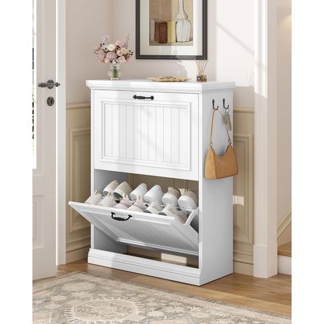 Meuble à Chaussures Étroite à 2 Abattants, Armoire à Chaussures Effet Bois, Séparateur Réglable, 10-12 Paires, Style Classique, Grande Capacité pour Entrée, Couloir, Blanc (1/5)