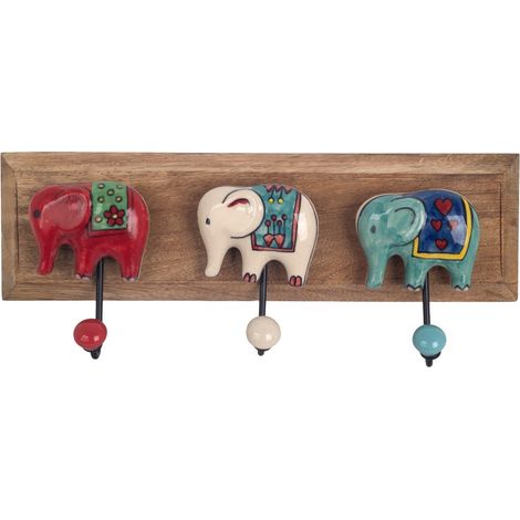 Wandgarderobe aus Holz mit 3 Elefanten Keramik 35 cm (1/2)
