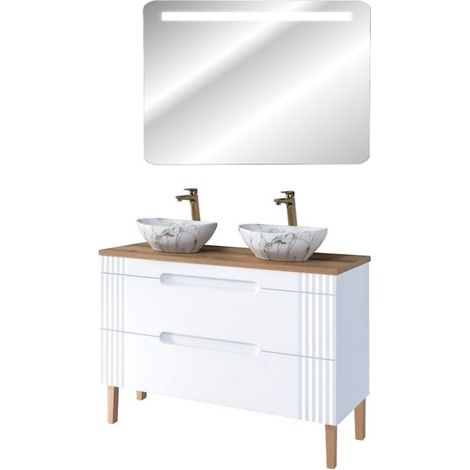 Meuble vasques à poser 120 cm à poser + miroir LED Oceanie White - Livraison gratuite