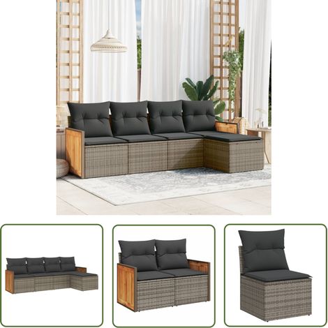 The Living Store Salon de jardin 5 pcs avec coussins gris résine tressée - Ensemble Salon De Jardin - Salon De Jardin Extérieur - Meuble De Jardin - Mobilier De Jardin - Chaise Longue (1/5)