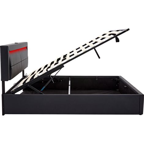 Lit capitonné 140 x 200 cm en PU noir avec USB, LED et rangement (1/5)
