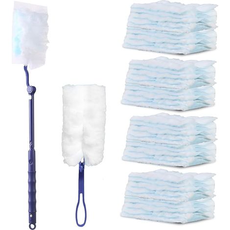 Plumeau Poussière Kit avec 1 Poignée, 1 Perche Télescopique, 40 Recharges, Duster Microfibre, Plumeau Poussiere, Plumeaux pour Saleté Nettoyer, Poils Animaux, Cuisine, Bureau, Salon, l'école (Bleu)