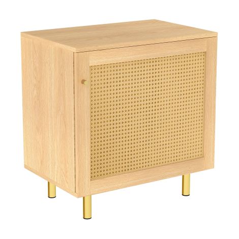 Buffet en rotin tressé, table de chevet et meuble de rangement à une porte — Rangement de salle à manger de style rustique. Esthétique bois naturel. (1/5)