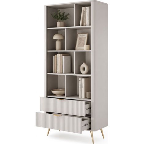 Libreregal Kabavasi, Bücherschrank mit 2 Schubladen, 4 Regalen, mit Füßen, 88x38x194h cm Beige