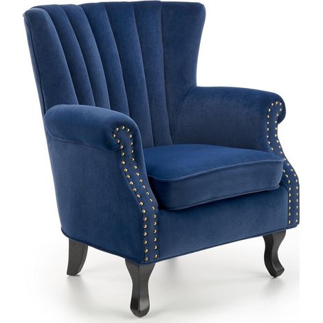 Fauteuil en velours bleu avec accoudoirs cloutés et pieds en bois massif MEDICIS (1/5)