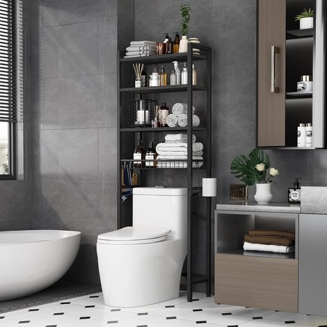 Étagère de Toilette Multifonctionnelle Ajustable à 4 Niveaux avec Panier pour Salle de Bain et Toilettes, Gain de Place, Facile à Assembler - Noir (1/5)