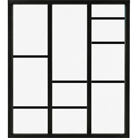 Verrière atelier intérieure aluminium noir 3 vitrages 102 x 117 cm - Décor géométrique - Horizon - noir et transparent - Verre trempé (1/5)