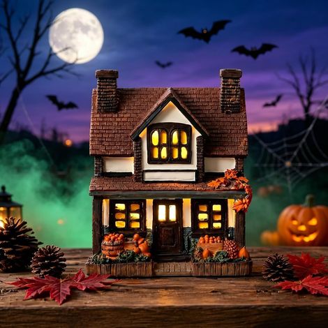 Decoración vintage de Halloween: casa de calabaza iluminada, centro de mesa de resina pintado a mano, motivo de pueblo otoñal con LED, mini casa