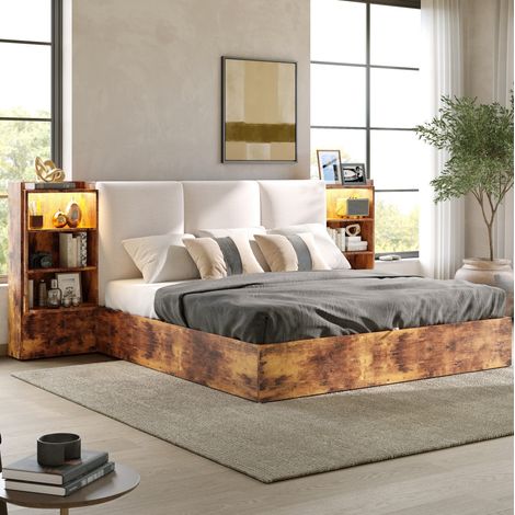 Letto contenitore per adulti 180x200 cm, con illuminazione a LED, meccanismo di contenimento idraulico e 6 nicchie, testiera imbottita, marrone (1/5)